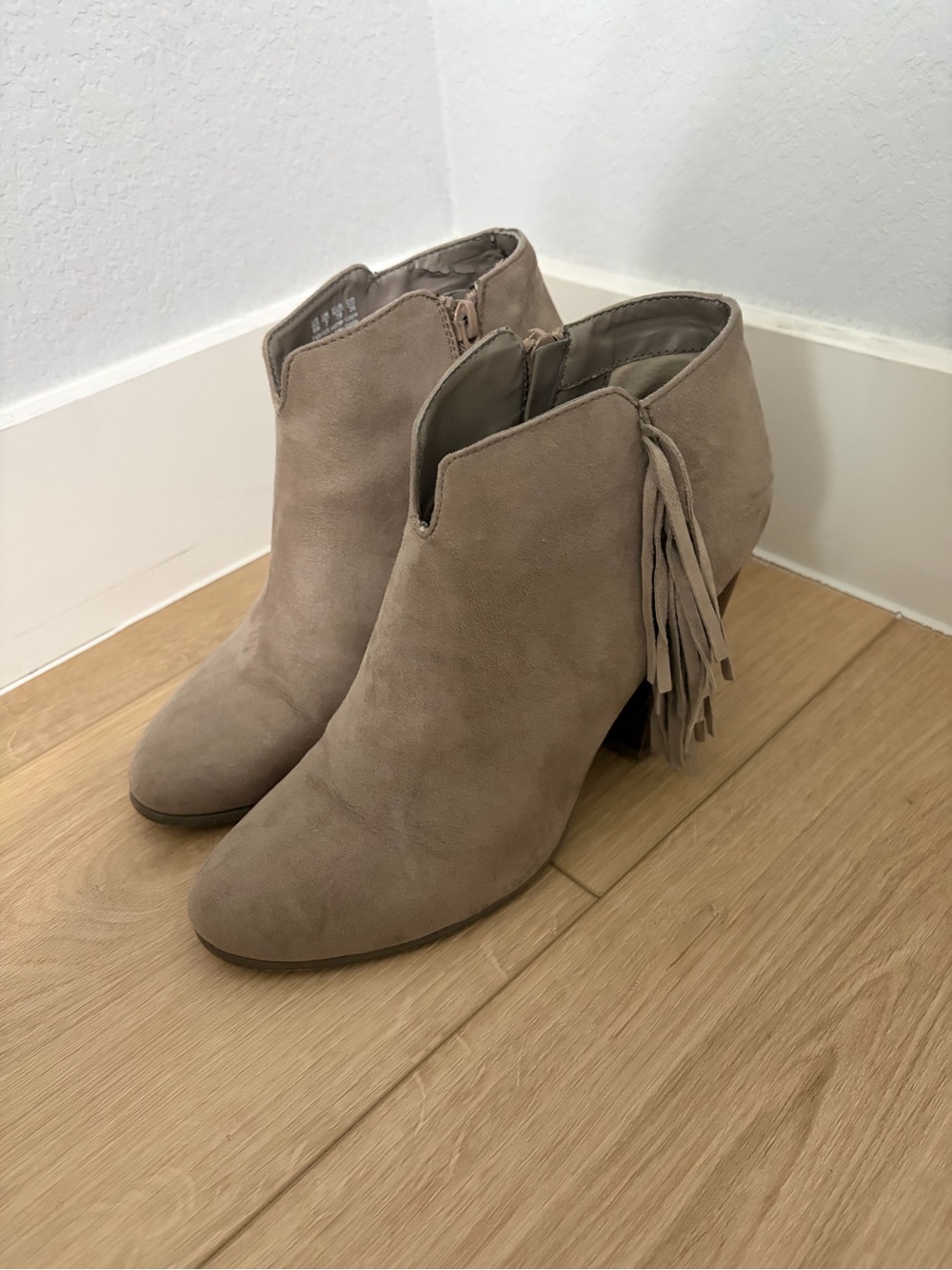Taupe Suede Ankle Booties with Side Fringe